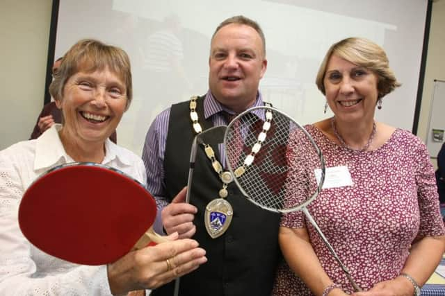 DM16148577a Sue Dainty, chairman, left, and vice-chairman Marilyn Taylor with Littlehampton mayor Ian Buckland