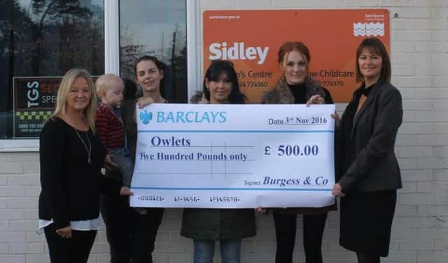 Owlets playgroup in Bexhill. From left is Samantha Glassock volunteer co-ordinator, volunteers Jill Cramp, Joanne Barfoot, Natasha Ray. Then Julie Burgess Director of Burgess and Co Estate Agents. SUS-161121-130725001