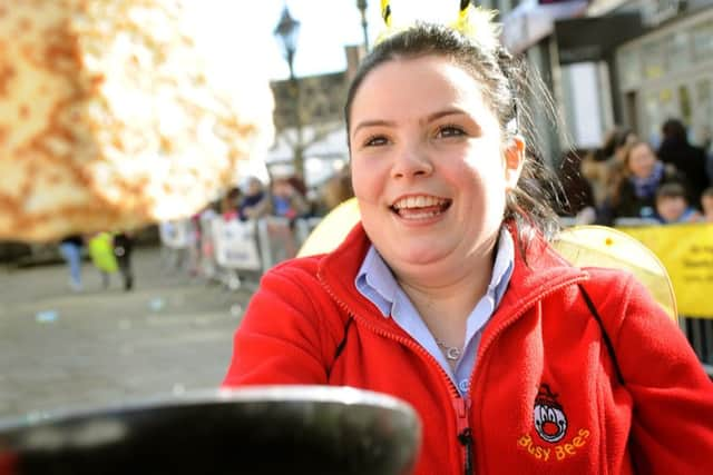 Rotary Club of Horsham's annual community pancake race hosted by Dave Benson Phillips. Busy Bees . Pic Steve Robards   SR1604911 SUS-160216-154143001