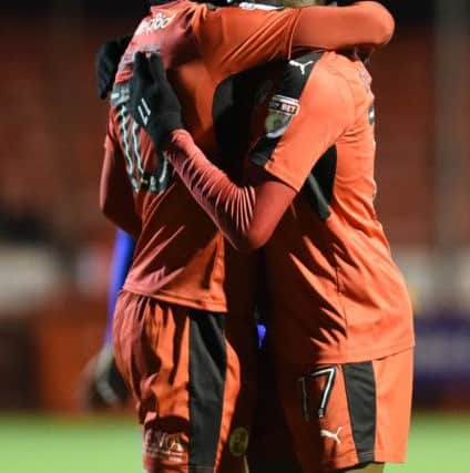 Bobson Bawlling celebrates with Jason Banton. Crawley Town v Whitehawk. Picture by PW Sporting Photography SUS-171101-091725001