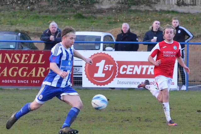 Man of the match, George Hayward surges forward. Haywards Heath v Peacehaven. Picture by Grahame Lehkyj