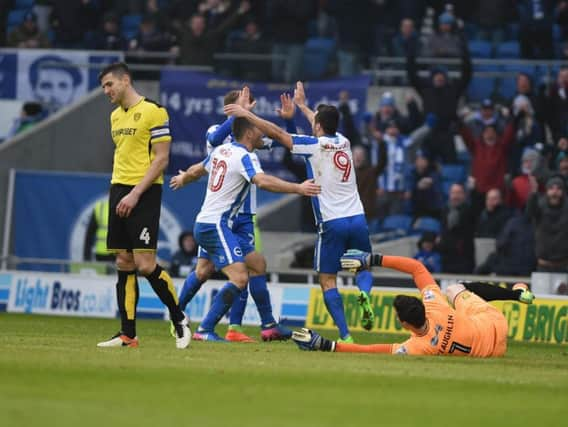 Sam Baldock celbrates after hitting Brighton's second goal against Burton Albion. Picture by Phil Westlake