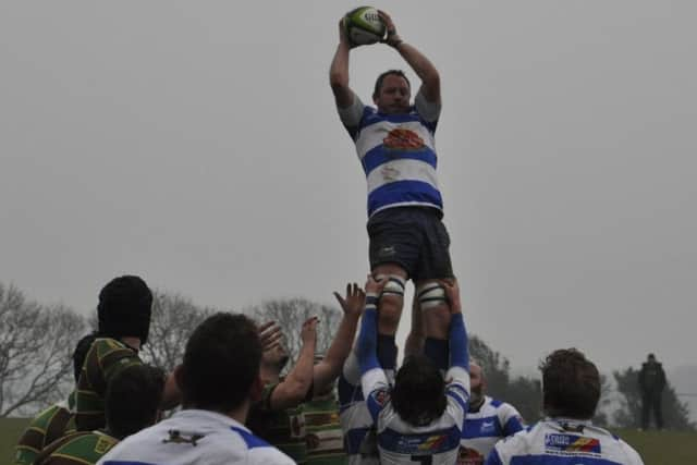 Hastings & Bexhill captain Jimmy Adams wins a lineout during the 26-0 win at home to Brockleians. Picture courtesy Nigel Baker