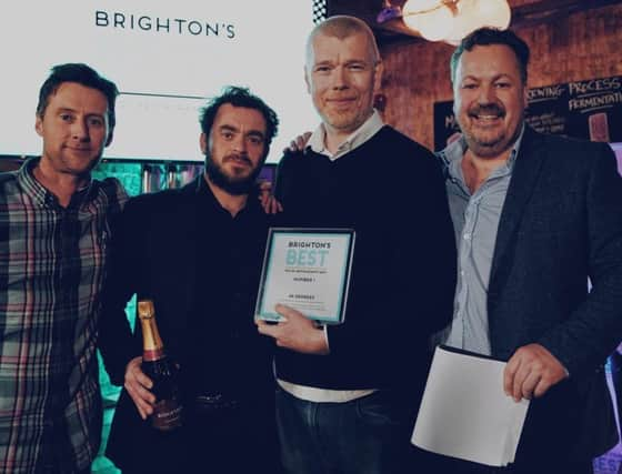 64 Degrees chef owner Michael  Bremner and head chef Sam Lambert with awards cofounders Patrick McGuigan and Euan Mcdonald (Photograph: Roarke Pearce) SUS-170221-124500001