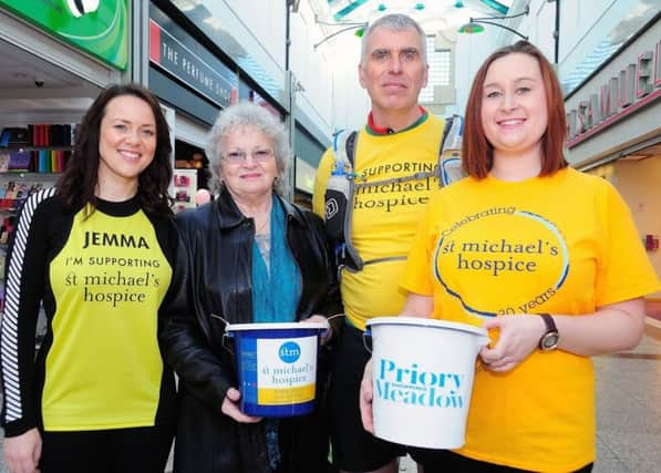 .Jemma O'Gorman with mum Dilys Williams, Alan Bennet and St Michaels Hospice Community Fundraiser Felicity James. Photos by: TONY COOMBES SUS-170322-090748001