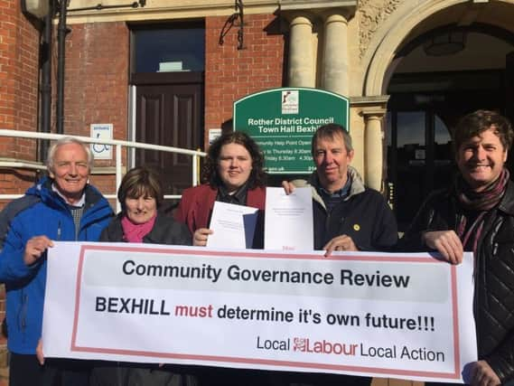 Sam Coleman, pictured third from left, with other Labour Party candidates for the May county council elections, Andy Batsford and Richard Sage, alongside party members Margaret Tippin and David Gee. Photo courtesy of Bexhill and Battle Labour Party