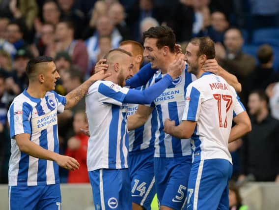 Albion celebrate a goal against Norwich earlier this season. Picture by Phil Westlake (PW Sporting Photography)