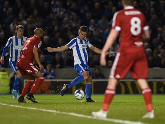 Uwe Hunemeier fires home his first Albion goal. Picture by Phil Westlake (PW Sporting Photography)