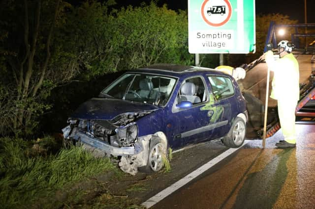 TWO CARS OFF THE ROAD ON THE A27 SOMPTING TO WORTHING STRETCH WESTBOUND. Photo: Eddie Mitchell