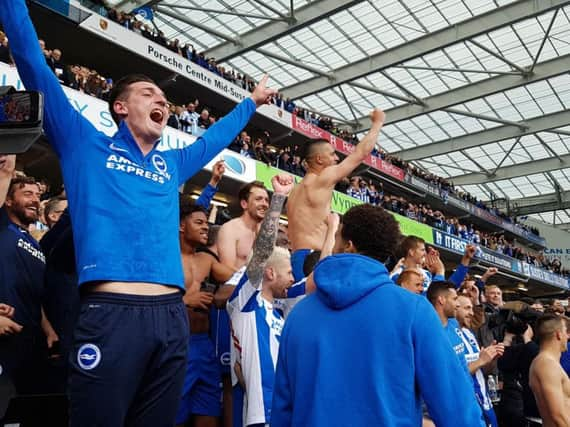 Albion players celebrate promotion. Picture by Steve Bailey