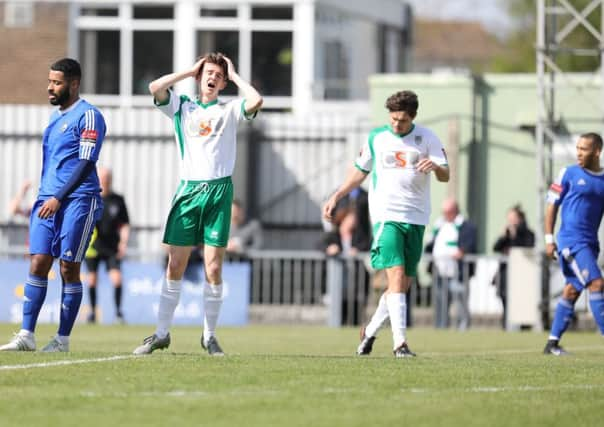 Head in hands for Doug Tuck after a Rocks chance goes missing against Met Police / Picture by Tim Hale