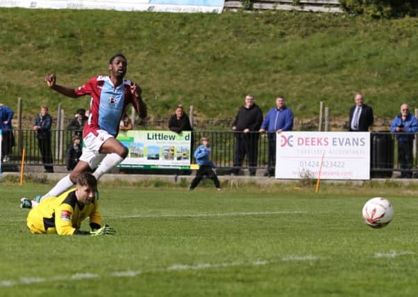 Kiernan Hughes-Mason scores Hastings United's first goal in Saturday's 3-3 draw at home to Chipstead. Picture courtesy Scott White