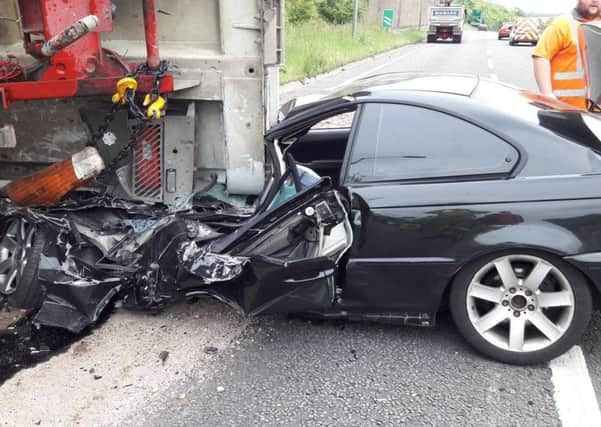 Damage to BMW involved in a crash with a lorry on the A23 at Pyecombe. Photo: Eddie Mitchell SUS-170518-155445001