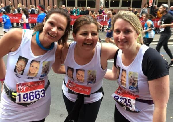 London Marathon runners  Battlebabes Heidi Lawton, Louise Fletcher and Nicky Wood. SUS-170531-153653001