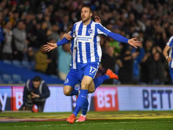 Glenn Murray celebrates scoring against Birmingham last season. Picture by Phil Westlake (PW Sporting Photography)