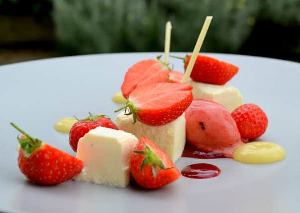 Strawberry and basil sorbet with vanilla cream