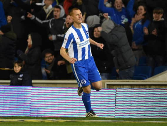 Steve Sidwell celebrates Albion's winner at home to Sheffield Wednesday in January. Picture by Phil Westlake (PW Sporting Photography)