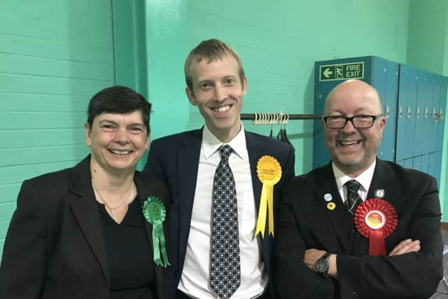 Chichester candidates Heather Barrie (Green), Jonathan Brown (Lib Dems), Mark Farwell (Labour)