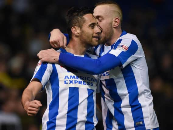 Sam Baldock and Jiri Skalak celebrate a goal last season. Picture by Phil Westlake (PW Sporting Photography)