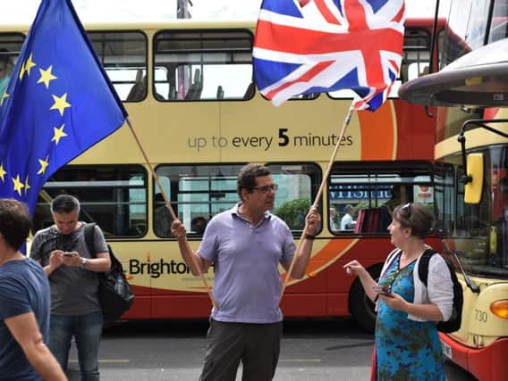 Kim Gordon, with both the EU and UK flags