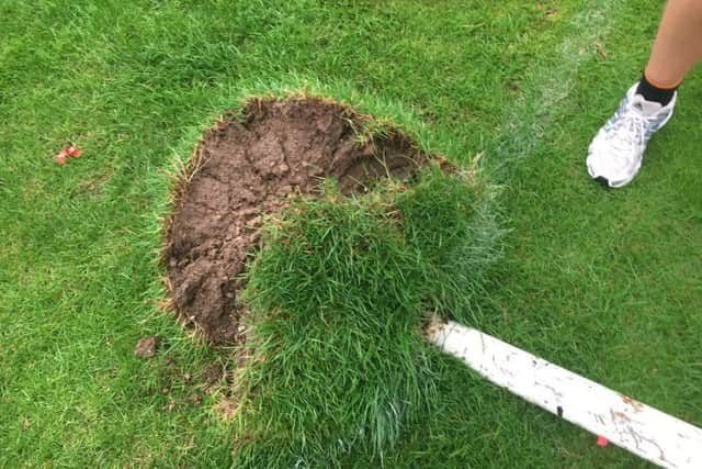 The damage caused to Angmering Football Club's goal posts. Picture: Angmering Footbal Club Twitter