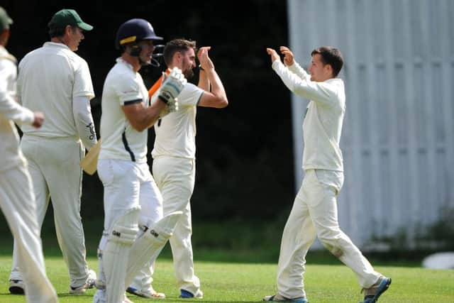 Cricket. Three Bridges (fielding) v Billingshurst. Mike Burrows is out after a Matt Blandford delivery. Pic Steve Robards SR1718599 SUS-170814-110144001