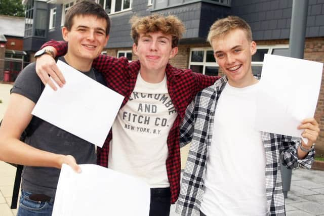 DM17840653.jpg Bishop Luffa School A-level results 2017. L to R James Spratt, Oscar Pickering and Lucas Goldsmith all aged 17. Photo by Derek Martin SUS-170817-122433008