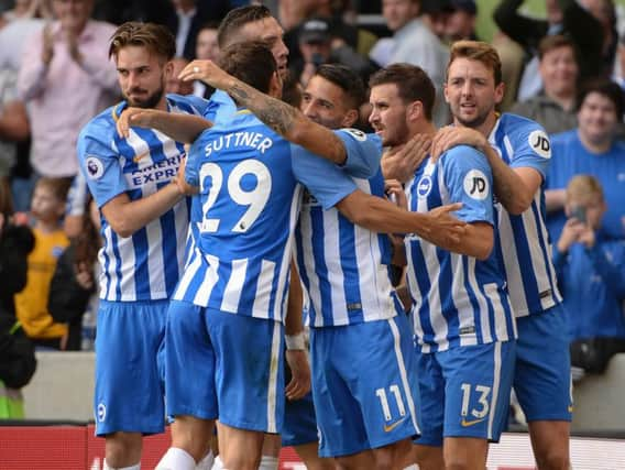 Albion celebrate a goal during their 3-1 win at home to West Brom on Saturday. Picture by Phil Westlake (PW Sporting Photography)