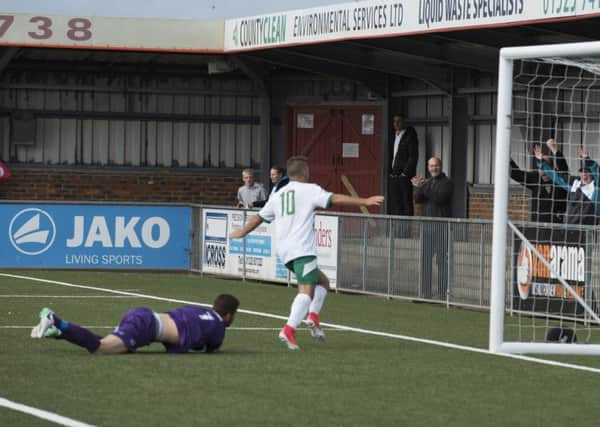 Ollie Pearce's second goal at Eastbourne, which has set up the trip to Oxford / Picture by Tommy McMillan