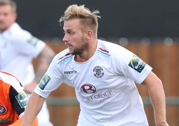 Sam Adams scored Hastings United's winner against Romford this afternoon. Picture courtesy Scott White