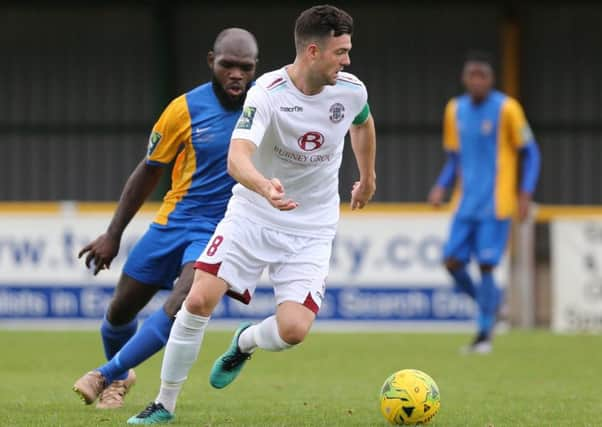 Jack Dixon on the ball during Hastings United's 1-0 win away to Romford on Sunday. Picture courtesy Scott White