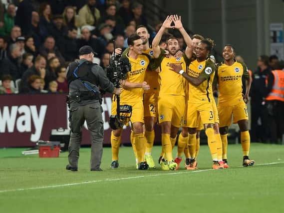 Brighton & Hove Albion celebrate Glenn Murray's opening goal against West Ham. Picture by PW Sporting Pics