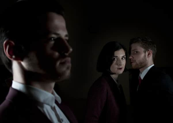 Left to right: Ben Andrews as Marc Antony, Elodie Foray as Cassius, Jon Day as Brutus. Picture by Pitchy Breath Theatre Company