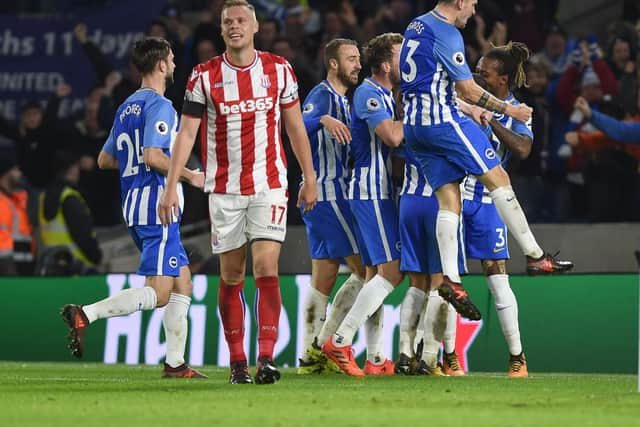 Brighton celebrate Jose Izquierdo's equaliser. Picture by Phil Westlake (PW Sporting Photography)