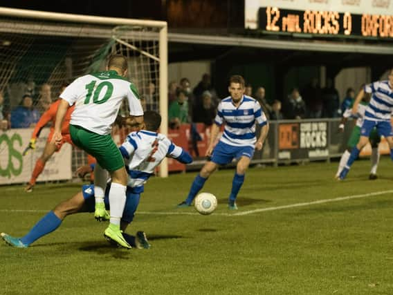 Ollie Pearce hammers the ball across goal in the Rocks' draw with Oxford / Picture by Tommy McMillan