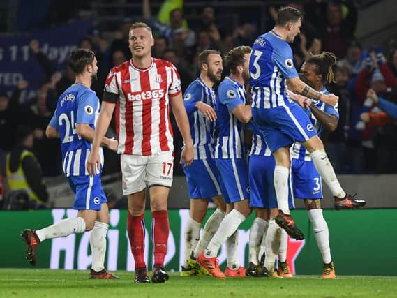 Albion celebrate their second goal against Stoke on Monday. Picture by Phil Westlake (PW Sporting Photography)